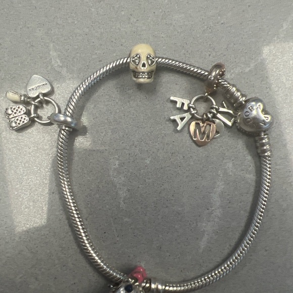 Pandora Sterling Charm Bracelet w/ Disney Stitch Skull Baby & Initial Charms